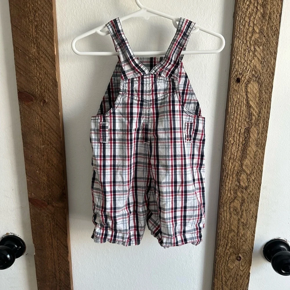 Y2K Gymboree Baby Boy Plaid Red White Blue Overalls Shortalls 6-12 M 100% Cotton